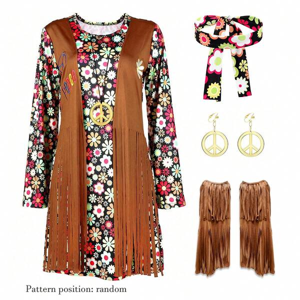 Conjunto de disfraz hippie de los años 70, 60 - Accesorios de ropa de mujer, vestidos de discoteca para niñas, chaquetas de caballo, conjunto de accesorios de leggings - Para fiestas de Halloween, fiestas de Navidad, carnavales, fiestas de disfraces, regalos festivos, atuendos de festival, floral, vintage, atuendos para mujeres adultas