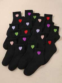 20 Pairs Heart Embroidered Kids Ankle Socks - Boys & Girls Casual Valentine's Day Socks, Black And Other Colors - Black - View 6