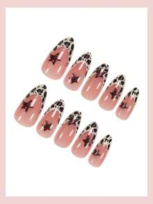 24 Stück mittlere Mandel-Aufstecknägel mit Leoparden-Französisch-Spitzen, 3D-Rot-Glitzer-Stern-Kunstdesign im Vintage-Stil, Vollabdeckung für Frauen und Mädchen für den täglichen Gebrauch