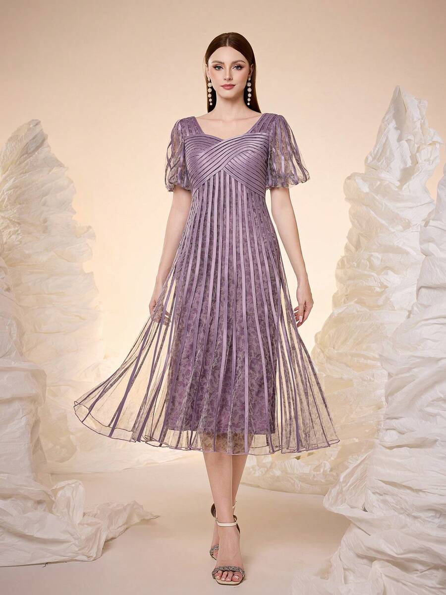 Mgiacy,New Arrival,Square Collar, Short Lantern Sleeves, Printed Mesh, Drawstring, Large Hem, High-End Evening Dress,Party Dress,Wedding Guest Dress, Evening Dress - Dusty Pink - View 1