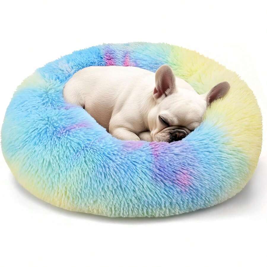 20in Calming Donut Washable Round Fluffy Pet Bed For Indoor Small And Medium Dogs And Cats (Light Grey) - Cầu vồng - Xem 1