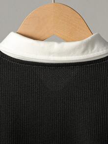 2 件套男童 Polo 衫和字母华夫格刺绣长袖上衣和裤子套装，春秋 - 黑色 - 查看 8