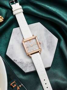 Luxury Compact Square Women's Quartz Watch, Suitable For Rest, Business, Shopping, Fashionable, Gemstone, Sports Leather Strap, Alloy, Goddess Gift Wristwatch - Multicolor - View 1