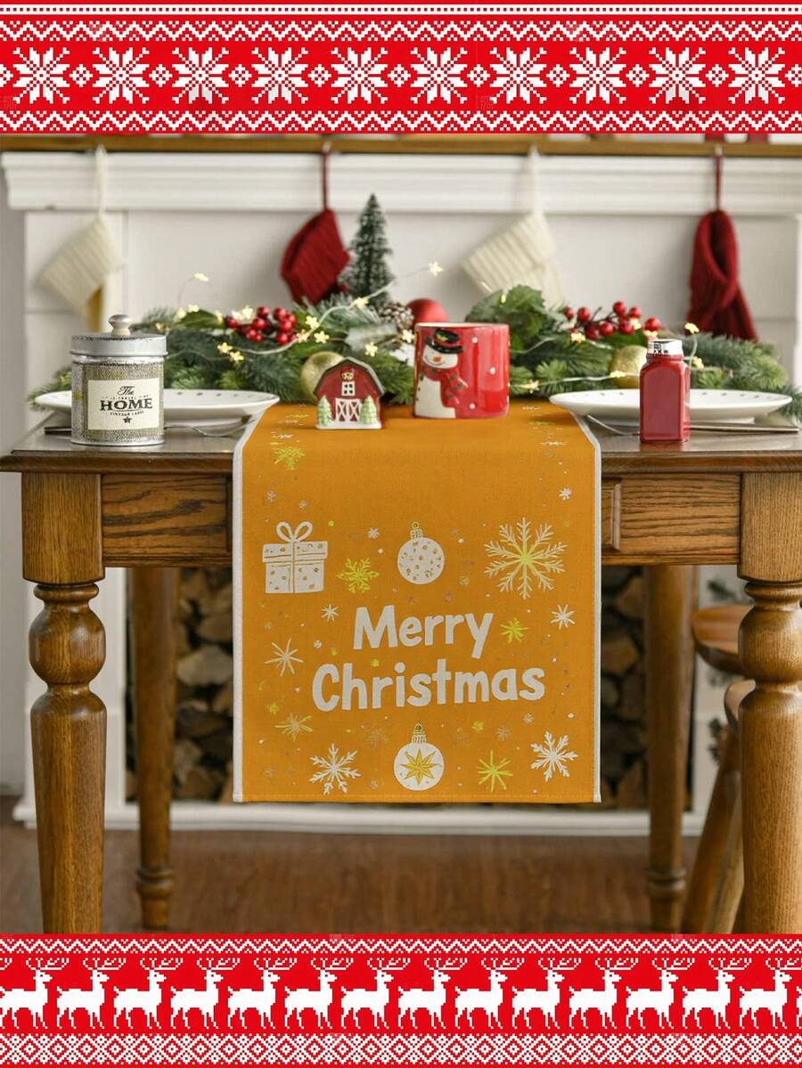 1 pieza Mantel decorativo navideño, Opciones de tamaños múltiples para camino de mesa, Decoración navideña para el hogar, Papá Noel, Campanas, Muñeco de nieve, Hombre de jengibre, Árbol de Navidad, Regalos, Enanos