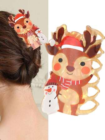1pc Christmas Themed Cartoon Reindeer & Snowman Hair Clip, Holiday Popular Hair Claw Hair Accessory, Cute Cartoon Design Hair Claw, Versatile For Daily Use And Party Decoration Elegant Claw Clips