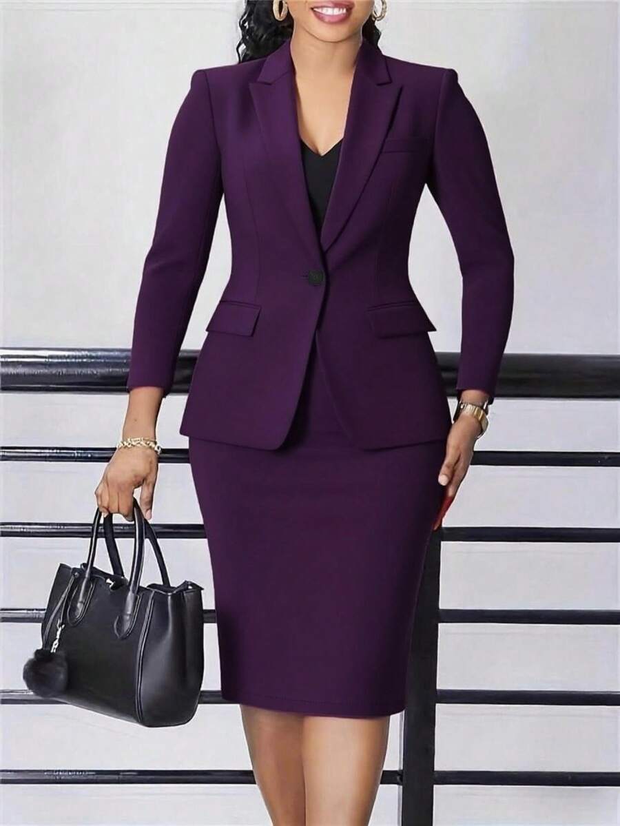 Conjunto de traje de mujer con blusa de manga larga y falda lápiz, elegante y cómoda ropa de oficina, incluye chaqueta blazer y falda de unicolor con botones y bolsillos - Morado - Ver 1
