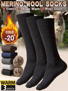 3 Pairs Men's Black Extra Long & Thick Wool Blend Thermal Leg Warmers, Soft Merino Wool Blend Knee High Socks For Winter, Skiing & Business Wear (Runs Small), Cozy Socks - Multicolor - View 2