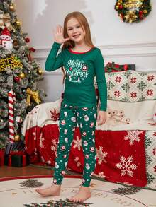 2 piezas Pijamas a juego para la familia en Navidad, diseño divertido de Papá Noel, muñeco de nieve y pingüino, cuello redondo, manga larga y pantalón largo, suave y cómodo, para fiestas navideñas, otoño/invierno - Verde - Ver 6