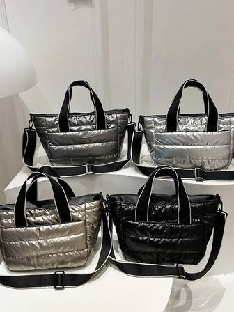 1 件时尚休闲运动风格厚实柔软纯色可折叠拉链设计女士手提单肩包，适合度假、休闲、购物、街头风格、秋冬