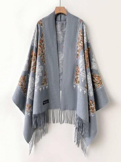 1pc Women's Autumn/Winter Faux Cashmere Embroidered Scarf, Thick Warm Tasseled Embroidered Bohemian Style Travel Shawl Poncho