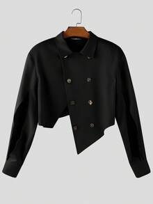 INCERUN Fashion Mens Buttons Split Long Sleeve Asymmetric Hem Solid Jacket Fall Party Casual Blazer Short Coat - màu đen - Xem 4