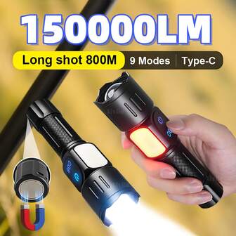 Linterna LED recargable de alta potencia 2025 de 150,000 lúmenes, súper brillante, con alcance de 3,000 m, linterna táctica para camping, pesca, con función de colgar por la parte trasera, adecuada para camping al aire libre, aventura de montañismo y ciclismo nocturno
