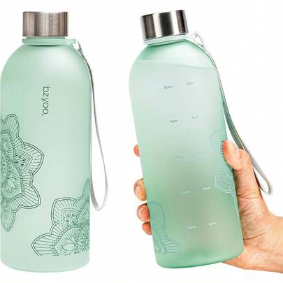 Bzyoo 32 OZ 1 Liter Time Marker Water Bottle  Frosted Durable Plastic With Strap Reusable Water Bottle With Times To Drink For Sports Gym Valentines Gifts For Him And Her Color: Green