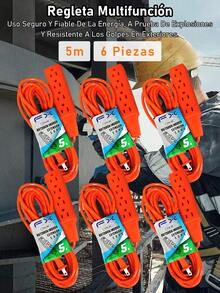 EXTENSION 4 enchufe 3m/5m/7m/15m uso rudo para exterior hogar, cable múltiple resistente intemperie, ideal jardín, eventos, industria - 5 metros--6 piezas - Ver 12