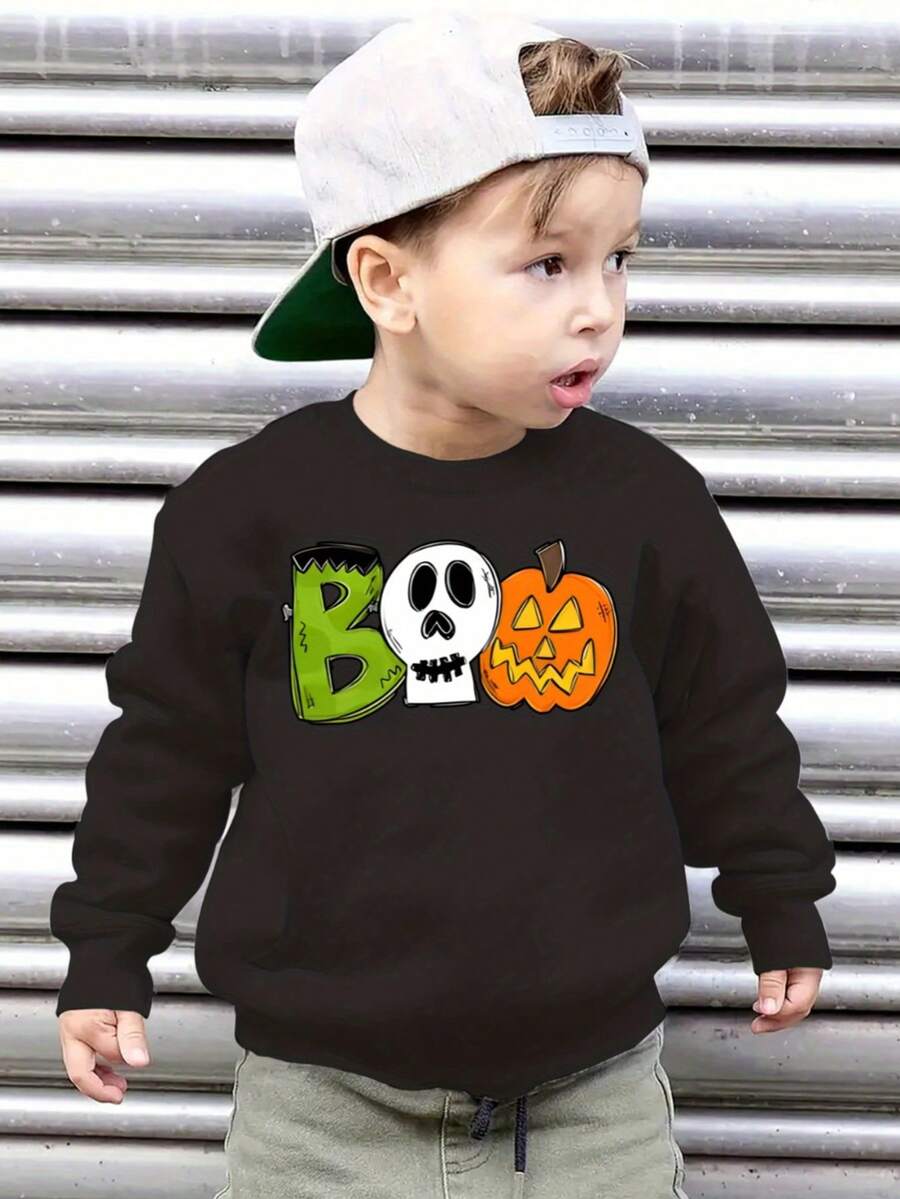 KID004Boo Halloween Themed Sweatshirt for Boys - Casual Round Neck Long Sleeve Hoodie with Alphabet Pattern, Polyester Knit Fabric, Regular Fit for FallWinter - Negro - Ver 1
