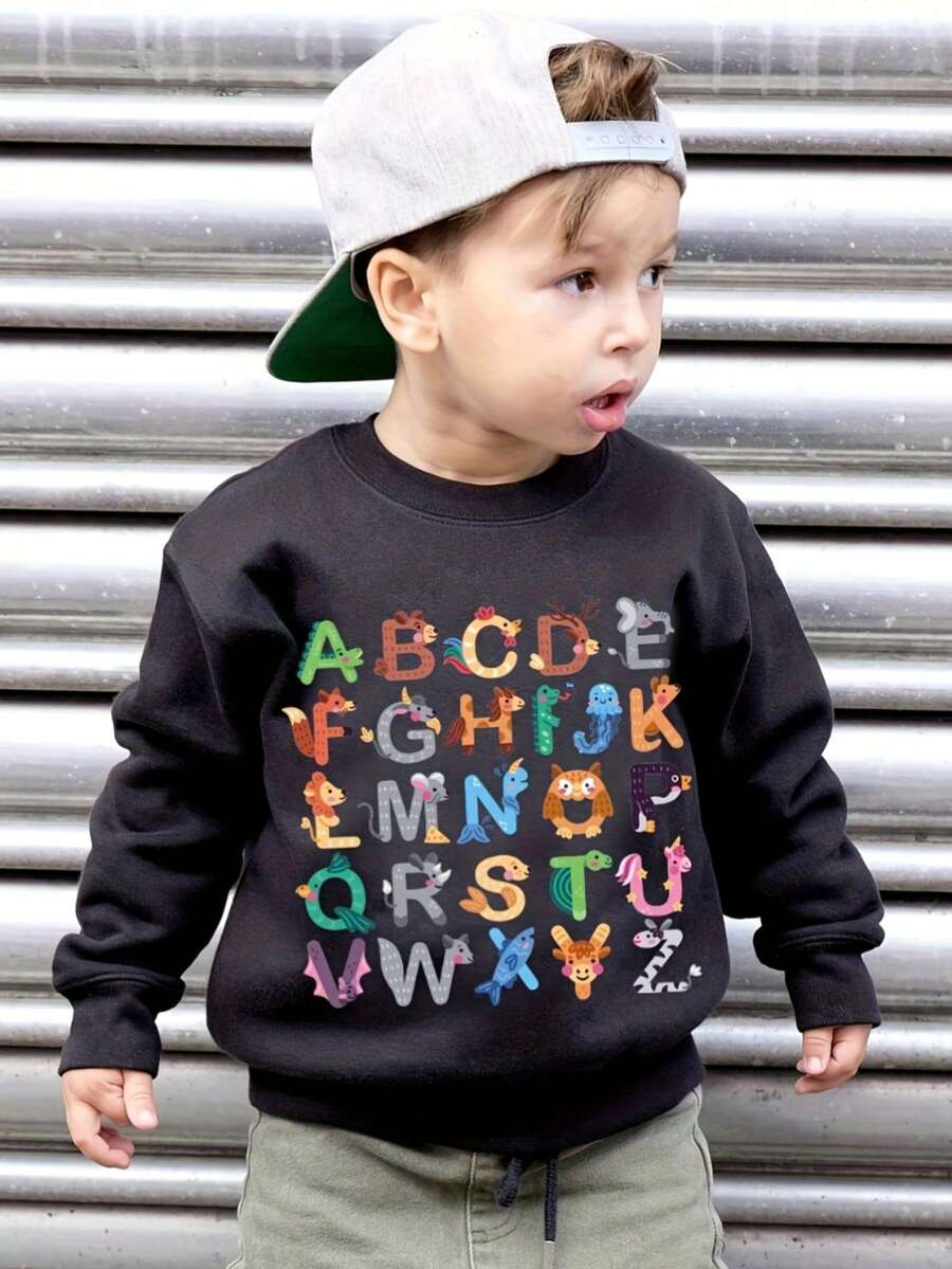 KID004Boys' Autumn And Winter Stylish Fleece Sweatshirt Featuring Cute And Relaxed Long Sleeves with a Print of The 26 Animal Letters A to E. - Negro - Ver 1