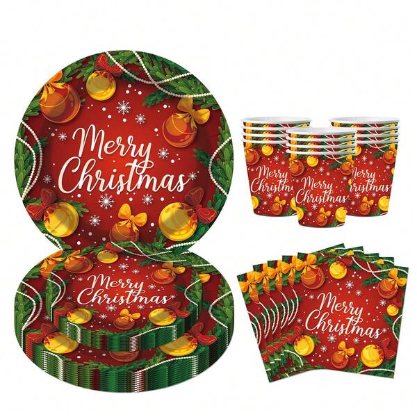 10pcs Merry Christmas Party Decorations Christmas Paper Plate And Napkin Set With Cup Red And Green Birthday Decorations, Bells, Christmas Tree, Suitable For Christmas Theme Family Party Christmas Party