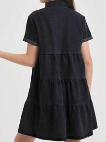 EXARUS Girls' Denim Dress: Aquatic Solid Color Long/Sleeve Midi Dress With Button-Closure Shirt-Style Design. Suitable For Spring And Autumn. Suitable For Ages 8-14. - Đen-29 - Xem 4