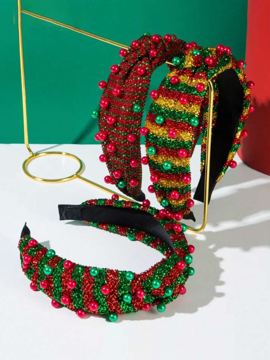 Christmas Striped Knotted Headband, Holiday Contrast Color Beaded Red Headband, Simple Knotted Fabric Rhinestone Multi-Color Bead Headband ,Party ,Hair Hair Hoop