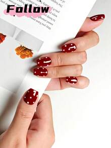 10片红色波点短方形手工美甲贴纸，美甲用品，甜美风格按压式美甲贴纸，可爱，假指甲，圣诞美甲，简约全覆盖美甲贴纸，适合女性秋冬季派对、节日、舞蹈、日常穿着 - 彩色 - 查看 3