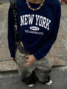 Women's Autumn And Winter NEW YORK Slogan Graphic Round Neck Long Sleeved T Shirt ,Casual Loose And Versatile Holiday Style Tops,Fashionable Fall Women Clothes Suitable For Daily Wear