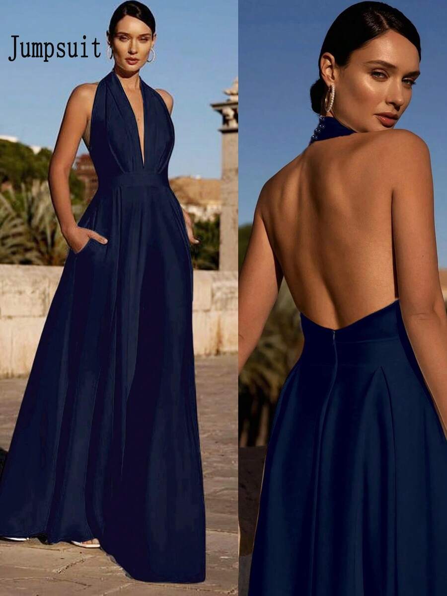 Solid Color Knit Fabric Backless High Slit Zipper Jumpsuit, Suitable For Holidays, Birthdays, Parties, Back To School, Singles' Parties, Stages And Concerts, Spring/Summer - Navy Blue - View 1