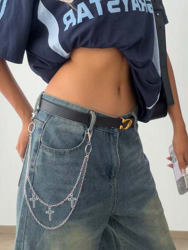 1pc Punk Gothic Style Multi-Layer Metal Chain Body Chain, Classic Cross, Sword, Floral Pendant Waist Chain, Versatile