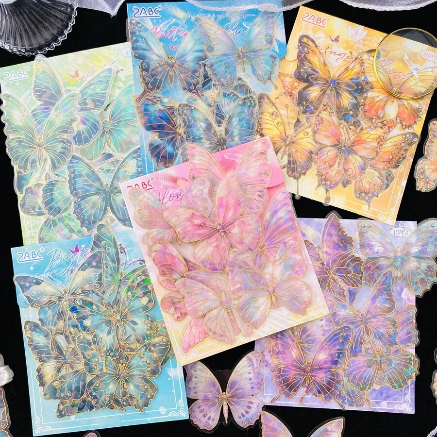 10 adesivos de borboleta holográficos de PVC de alta qualidade com design brilhante, decoração autoadesiva com padrão brilhante para garrafas de água, álbuns de recortes, diários, cadernos e projetos de artesanato, decoração criativa faça você mesmo, decorações de feriado, Natal, Halloween, Dia dos Namorados