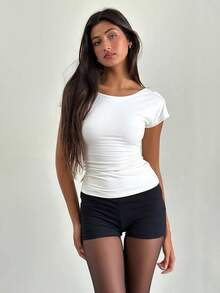 Women's Chic Solid Black Short Elastic Waist Slim Fit Skinny Micro Shorts Daily Lounge Outing - màu đen - Xem 2