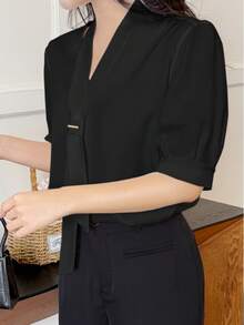 女士休闲及办公纯色系带短袖衬衫 - 黑色 - 查看 5
