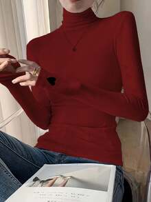 女士修身爱心图案高领长袖T恤，春夏款，适合新年、情人节等场合 - 酒紅色 - 查看 2