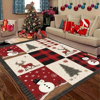 1pc Christmas Carpet - Large Size, Non-Slip Bathroom Mat, Washable, Kitchen Doormat, Suitable For Kitchen, Bathroom, Dining Table, Living Room, Indoor And Outdoor, With Plaid, Christmas Tree, Scarf Snowman And Reindeer Print Design - Ideal For Living Room, Bedroom, Dining Room And Outdoor Decor, Christmas Decoration, Holiday Decor, Christmas Gift, Available In Multiple Sizes, Rectangular Rug, Carpet Kitchen Rug