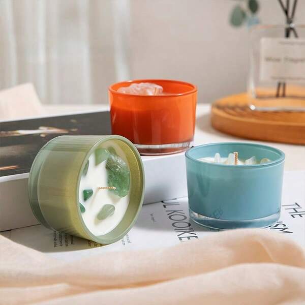 1 pieza Vela de cera de soja de 80g, vela de piedra cristal, decoración del hogar, mecha de madera, aroma floral, vela sin humo, regalo de inauguración de casa, apta para dormitorio, comedor