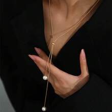 Long Women's Necklace With Two Pearls, Elegant Adjustable Design In 925 Silver And 18k Gold Plated, Modern Minimalist Style For Party And Daily Use - 金色 - 查看 2