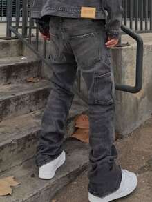 男士水洗纯色黑灰拼接弹力修身韩版牛仔裤 - 灰色 - 查看 2