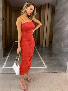 女士纯色简约褶皱吊带连衣裙，夏季优雅款 - 紅色 - 查看 1