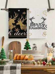 2pcs/4pcs/12pcs Black & White Christmas Reindeer Pattern Kitchen Towels, Christmas Reindeer Pattern Bathroom Towels, Christmas Outdoor Party Towels, Christmas Home Decor, Christmas Kitchen Decor, Modern Style, Quick Dry, Super Soft Microfiber Material, Rectangular, 15.75IN*23.62IN/40*60CM Digital Printing Pattern, Suitable For Outdoor Party Decoration, Christmas Holiday Gifts