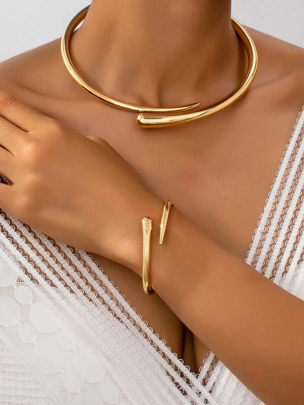 1 Set Women Fashion Metal Water Drop Choker Necklace And Bracelet Jewelry Set, Suitable For Daily Wear And Party