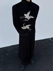 New Chinese Style, Crane, Embroidery, Woolen Fabric, Diagonal Collar, Hidden Button, Silhouette, Fashionable, Versatile, Casual, High-End, Handsome, Coat, Woolen Coat - màu đen - Xem 6