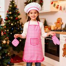 1 套儿童厨师烹饪格子围裙角色扮演玩具套装，男孩女孩烘焙角色扮演，家庭互动，圣诞服装 - 彩色 - 查看 7