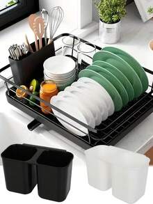 双杯式餐具收纳架 - 紧凑型厨房用具沥水架，采用耐用塑料材质，适用于餐桌、台面或橱柜 - 易于清洁的筷子、叉子、勺子、刀子、铲子等餐具沥水架 - 现代厨房收纳方案，厨房整理收纳，台面收纳，时尚厨具，易清洁材质，餐具架，家庭厨师，简约厨具，结构坚固，适合小户型厨房