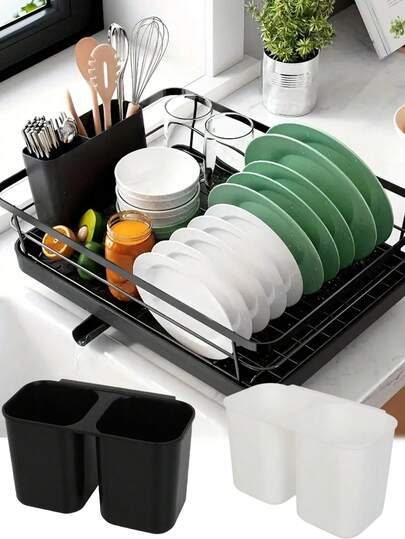 Cutlery Organizer With Double Cup Design - Compact Kitchen Utensil Drainer, Heavy-Duty Plastic Construction, For Dining Table, Countertop, Or Cabinet - Easy-Clean Dish Rack For Chopsticks, Forks, Spoons, Knives, Spatulas - Modern Kitchen Storage Solution, Kitchen Organizers And Storage, Countertop Organization, Sleek Kitchenware, Easyclean Material, Utensil Holder, Home Cooks, Minimalist Kitchenware, Sturdy Construction, Small Space Living