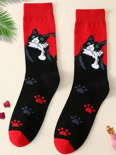 1 Pair Cat Pattern Mid-Calf Socks For Women, Elegant & Cute, Casual & Versatile, Suitable For School, Parties
