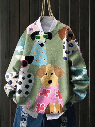 [All-Over Print] [Lightweight] [Sweater] Casual Cute Puppy Pattern Round Neck Long Sleeve Knitted Fashionable Lightweight Sweater For Women, Autumn/Winter