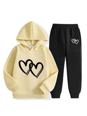 2pcs/Set Girls' Casual Heart Print Hoodie Sweatshirt And Sweatpants Set