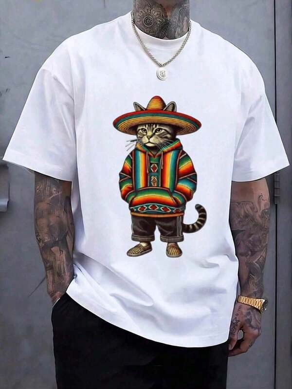 Camiseta de hombre con estampado de gato estilo mexicano