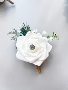 1 pieza/6 piezas Flor de rosa artificial de PE Boutonnière del novio Corsage del hermano Pasador de graduación Traje de boda Flores de fiesta Decoración