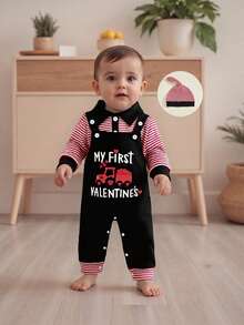 Conjunto de 3 piezas para bebé niño con motivo de San Valentín: mono con solapa a rayas, mono con bordado de letras y gorro. Ropa bonita para festivales, mezcla de algodón suave, de 0 a 12 meses, ideal para sesiones de fotos de San Valentín y reuniones familiares. - Negro - Ver 3
