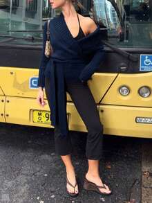 女士街头休闲简约落肩系带开衫，长袖上衣，复古富贵风格商务休闲女装工作服，宽松休闲开衫，百搭秋季女装，圣诞新年必备 - 寶藍色 - 查看 5