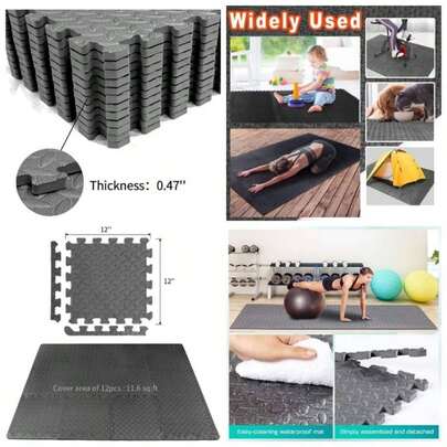 Tapete para Ejercicio con Cuadros de Entrelazado de Espuma EVA Tapete para Color Negro 12 Piezas de 30x 30, Espesor de 12mm.